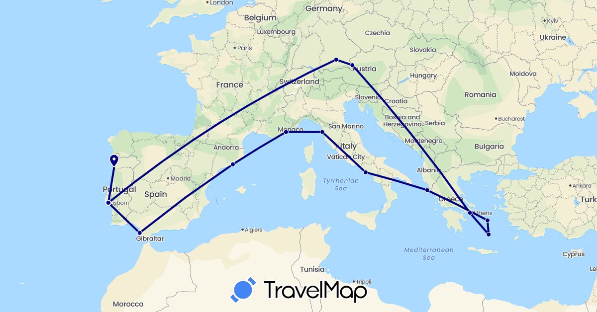 TravelMap itinerary: driving in Austria, Germany, Spain, France, Greece, Italy, Portugal (Europe)